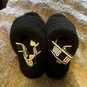 UGG Black Shearling Slide Slippers with Logo Strap